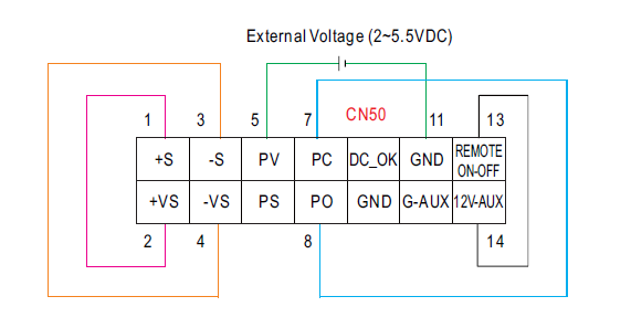 Connection diagram of the output voltage programming function using the RSP-750 as an example