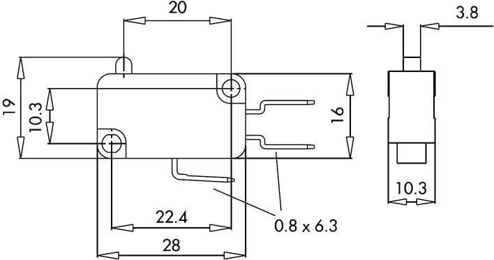 Габаритные размеры базовой модели микропереключателя серии MK1