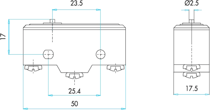 MN1 series microswitches. Overall dimensions of the base model