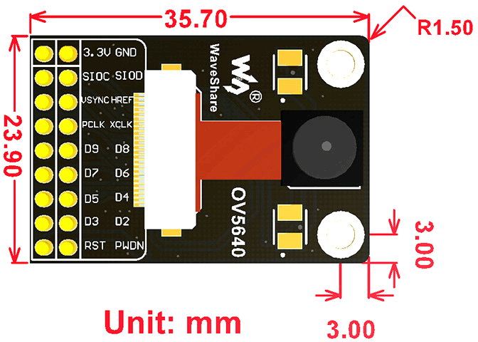Габаритные размеры модуля OV5640 Camera Board