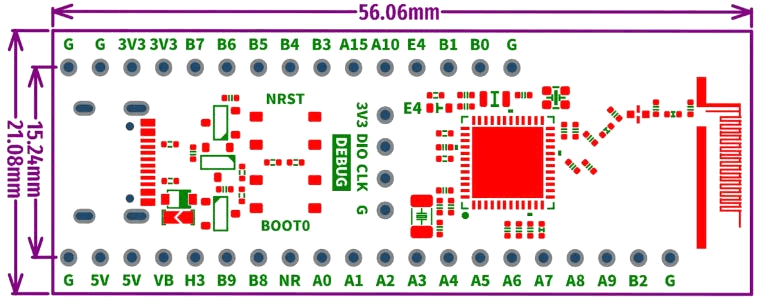 Габаритные размеры модуля STM32WB55CGU6 Core Board V1.0