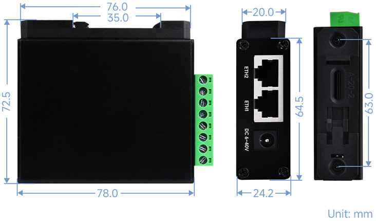 Габаритные размеры Waveshare 2-CH RS485 TO POE ETH (B)