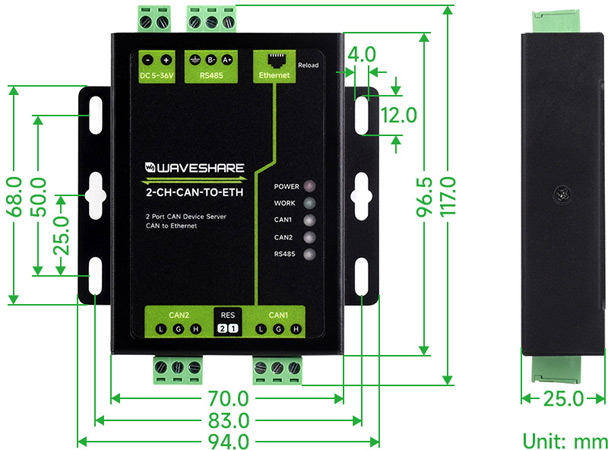 Габаритные размеры Waveshare 2-CH-CAN-TO-ETH