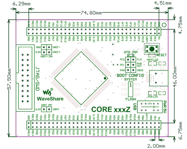 Отладочная плата Core407Z от компании Waveshare Electronics на базе ARM Cortex-M4 микроконтроллера STM32F407ZET6 - Размеры