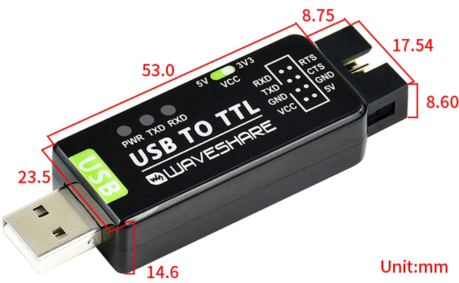 Одноканальные промышленные USB-TTL преобразователи от Waveshare Electronics. Габаритные размеры