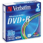 Носители информации DVD+R, 16x, Verbatim Colour, Slim/5, 43556