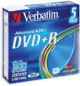 Фото 1/7 Носители информации DVD+R, 16x, Verbatim Colour, Slim/5, 43556