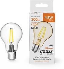 Фото 1/8 Gauss Лампа Basic Filament А60 4,5W 300lm 2200К Е27 golden LED 1/10/40