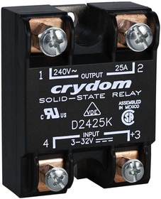 Фото 1/2 D4825K, Sensata Crydom 1 Series Solid State Relay, 25 A Load, Panel Mount, 530 V rms Load, 32 V dc Control