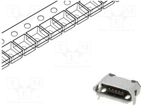 USB3135-30-A, USB Connectors Micro B Skt, Top Mount, SMT, R/A, 30u", With shell stake,T&R