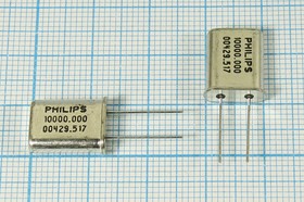Кварцевый резонатор 10000 кГц, корпус HC49U, нагрузочная емкость 20 пФ, точность настройки 30 ppm, марка HC49U[PHILIPS], 1 гармоника