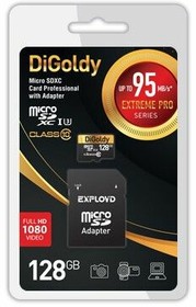 DG128GCSDXC10UHS-1-ElU3, Карта памяти 128Gb MicroSD Digoldy + SD адаптер