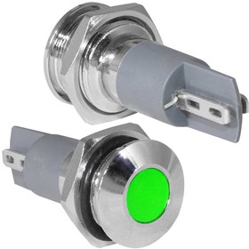 GQ14PF-G, Индикатор антивандальный , цвет зеленый, точечный излучатель, 12-24 В, 15 мА, гибкие выводы, никелированная латунь