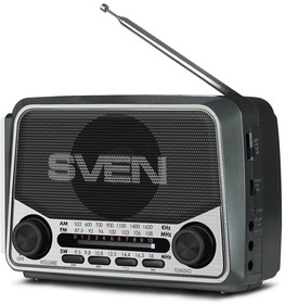 Фото 1/10 SV-017156, SVEN SRP-525, серый, радиоприемник, мощность 3 Вт (RMS), FM/AM/SW, USB, microSD, фонарь, встроенный аккумулятор