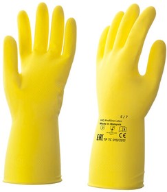 Фото 1/4 Перчатки латексные КЩС, сверхпрочные, плотные, хлопковое напыление, размер 7 S, малый, желтые, HQ Profiline, 73581