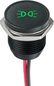 Q16F5BXXHG12E-398, Светодиодный индикатор в панель, Side Lights, Зеленый, 12 В DC, 16 мм, 20 мА, 250 мкд, IP67