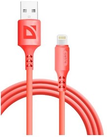 87107RED, Defender Кабель F207, USB 2.0 (AM) - Apple Lightning (M), 1метр, 2.4А, силиконовая оплетка, красный.