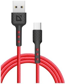 87113RED, Defender Кабель F181, USB 2.0 (AM) - Type C, 1метр, 2.4А, нейлоновая оплетка, красный.