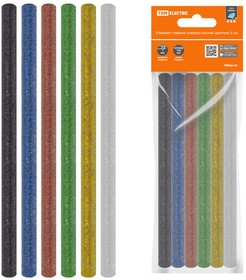 Клеевые стержни универсальные цветные с блестками, 11 мм x 100 мм, набор 6 шт, "Алмаз" TDM