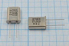Резонатор кварцевый 27МГц, корпус HC49U, нагрузка 16пФ; 27000 \HC49U\16\ 30\\\1Г (ETHER)