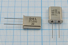 Кварцевый резонатор 27000 кГц, корпус HC49U, нагрузочная емкость 20 пФ, 3 гармоника, (DSL 27.000 20)