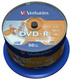 Фото 1/4 43533, Диск DVD-R Verbatim 4.7 Gb, 16x, Cake Box (50), Printable (50/200).