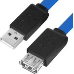 GCR-53752, GCR Удлинитель PROF 1.8m USB 2.0, AM/AF, плоский синий, черный ПВХ ...