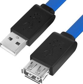 Фото 1/2 GCR-53752, GCR Удлинитель PROF 1.8m USB 2.0, AM/AF, плоский синий, черный ПВХ, морозостойкий