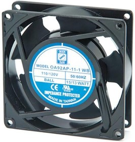 OA92AP-22-3TB, AC Fans Axial Fan, 92x92x25mm, 230VAC, 22CFM, 6W, 19dBA, 1900RPM, Ball, Lead Wires
