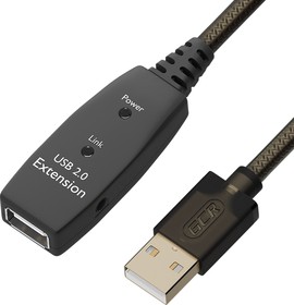 GCR-53806, GCR Удлинитель активный 10.0m USB 2.0, AM/AF, GOLD, черно-прозрачный, с усилителем сигнала Premium,