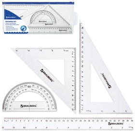 Фото 1/7 Набор чертежный большой BRAUBERG (линейка 30 см, 2 угольника, транспортир), конверт на молнии, подвес, 210308