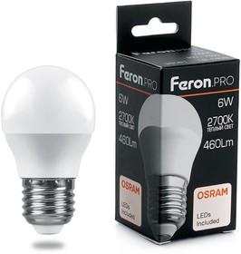 Фото 1/2 38068, Лампа светодиодная LED 6вт Е27 теплый матовый шар Feron.PRO