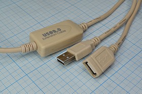 Шнур штекер USB A-гнездо USB A, 15м, усил, серый/пластик, серый