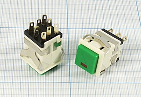 Переключатель кнопочный, 17x17, 220В, 3.0А, ON-ON, белый/зеленыйILСДкрасный, контакты 8C, KD2-213