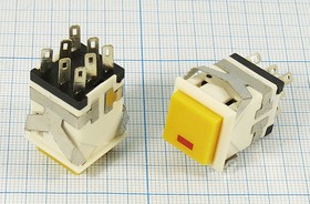 Переключатель кнопочный, 17x17, 220В, 3.0А, ON-ON, белый/желтыйILСДкрасный, контакты 8C, KD2-213