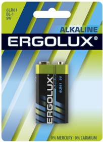 Фото 1/10 Батарейка alkaline ERGOLUX 6LR61 BL-1 11753 крона 9В 1шт. ERGOLUX 11753