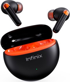 Фото 1/3 Наушники INFINIX XBuds XE26, Bluetooth, внутриканальные, черный/оранжевый [10311751]