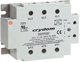 Фото 1/5 D53TP50C-10, Solid State Relays - Industrial Mount IP20, 600VAC, 50A 3 Phase SSR, Ran