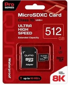 Фото 1/2 Карта памяти QUMO MicroSDXC 512 GB 90/80 МБ/с UHS-I U3, Pro seria 3.0 с адаптером SD, красная картонная упаковка