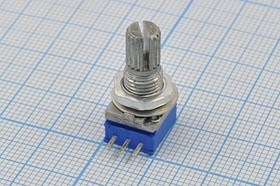 Фото 1/4 Резистор переменный, поворотный 10кОм, линейность B, ширина 10мм, вал и размеры KC6x15, RK0971-B10KL