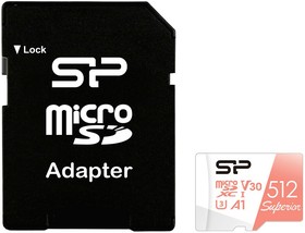 SP512GBSTXDV3V20SP, Флеш карта microSD 512GB Silicon Power Superior A1 microSDXC Class 10 UHS-I U3 100/80 Mb/s (SD адаптер)