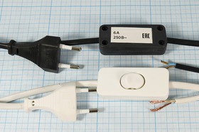 Шнур сетевой с плоской вилкой стандарта CEE7/16 с выключателем, длина 2 м, ШВВП-ВП сечение 2x0.5 мм², 6 А; №11477B шнур пит штек CEE7/16-каб