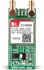 Фото 1/5 MIKROE-2382, GSM-GPS Click SIM808 GLONASS (GNSS), GPS, Mobile Communication (Cellular) mikroBus Click Board for GSM