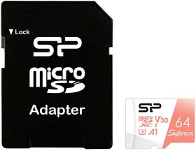 SP064GBSTXDV3V20SP, Флеш карта microSD 64GB Silicon Power Superior A1 microSDXC Class 10 UHS-I U3 100/80 Mb/s (SD адаптер)