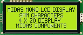 MC42008A6W-SPTLY, Буквенно-цифровой ЖКД, 20 x 4, Черный на Желтом / Зеленом, 5В, Параллельный, Английский, Японский