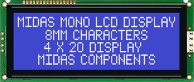 MC42008A6W-BNMLW, Буквенно-цифровой ЖКД, 20 x 4, Белый на Черном, 5В, Параллельный, Английский, Японский, Передающий