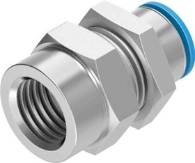QSSF-3/8-8-B, QS Series Bulkhead Threaded-to-Tube Adaptor, G 3/8 Female to Push In 8 mm, Threaded-to-Tube Connection Style