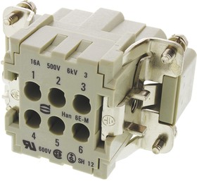 Фото 1/3 0933006260201, Han E Series size 16 A Connector Insert, Male, 6 Way, 16A, 500 V