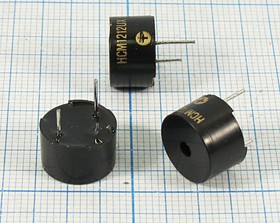 Зуммер магнитоэлектрический с генератором, размер 12x 8, напряжение 12В, частота 2.3кГц, контакты 2P7.6, марка HCM1212UX