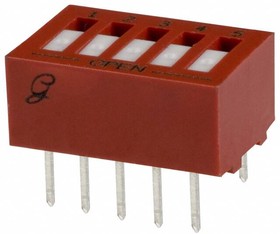76RSB05ST, Switch DIP ON OFF SPST 5 Recessed Rocker 0.15A 30VDC PC Pins 2000Cycles 2.54mm Thru-Hole Tube
